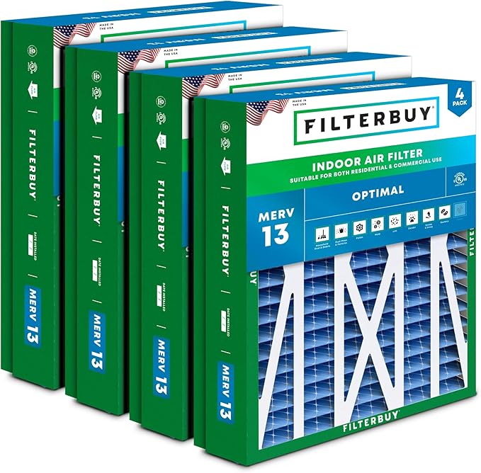 Filterbuy 21x21.5x5 Air Filter MERV 13 Optimal Smoke & Allergy Defense (4-Pack), Pleated HVAC AC Furnace Filters for Trane Perfect Fit & American Standard (Actual Size: 20.00 x 21.09 x 4.97)