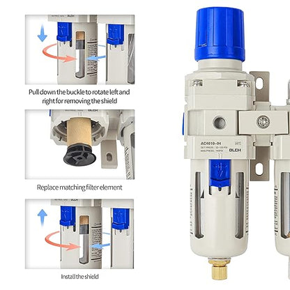 BLCH 1/2" NPT Air Compressor Water Separator - Air Pressure Regulator Compressed Air Filter Regulator Lubricator Combo AC4010-04 Semi-auto Drain Poly Bowl Gauge 0-160 PSI 5μm Brass