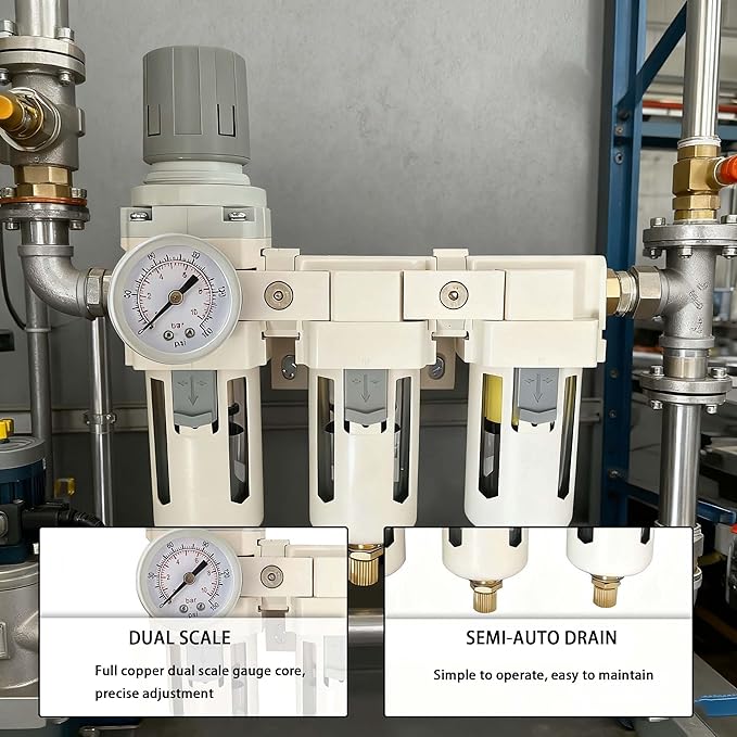 YSIL 3/8''NPT 3 Stage Filter and Regulator with Pressure Gauge Air Drying System with 5 and 0.5 and 0.01 Micron Brass Filter Pressure Regulator Combo Piggyback(Semi-Auto Drain）