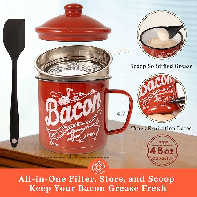 Bacon Grease Container with Strainer - With Food-Grade Silicone Spatula, 46oz Large Enamel Rustic Farmhouse Fat Container, Keeper, Recipes, Dishwasher Safe