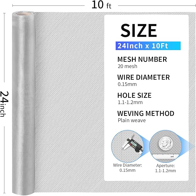 304 Stainless Steel Mesh, 24in x 10ft, 20 Mesh, Sturdy Metal Screen Roll for Window, Door, Air Vents, Filter, Cage, Garden, Patio, Pet (Sliver, 24inch x 10feet)