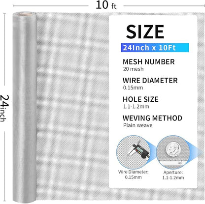 304 Stainless Steel Mesh, 24in x 10ft, 20 Mesh, Sturdy Metal Screen Roll for Window, Door, Air Vents, Filter, Cage, Garden, Patio, Pet (Sliver, 24inch x 10feet)