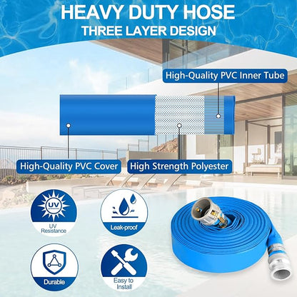 2" x 50 ft Backwash Hose for Swimming Pools, Heavy Duty PVC Water Lay Flat Discharge Hose,Durable Pool Drain Hose with Aluminum Camlock C and E Fittings for Pump And Filters