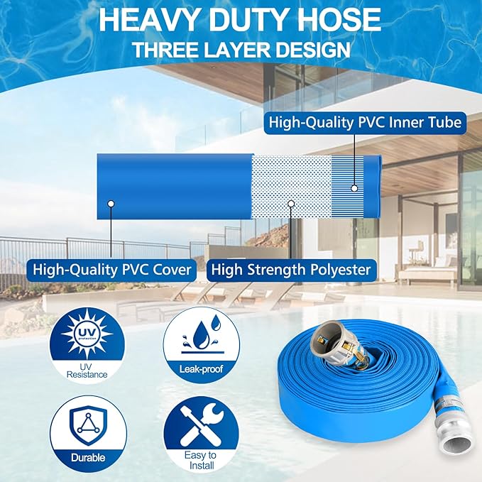2" x 100 ft Backwash Hose for Swimming Pools, Heavy Duty PVC Water Lay Flat Discharge Hose,Durable Pool Drain Hose with Aluminum Camlock C and E Fittings for Pump And Filters