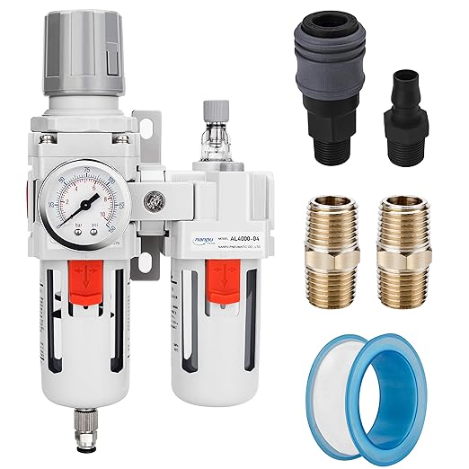 NANPU 1/2" NPT Compressed Air Filter Regulator Lubricator Combo Water/Oil Trap Separator - Gauge(0-150 psi), Poly Bowl, Semi-Auto Drain, Bracket - 3 in 1 Two Unit
