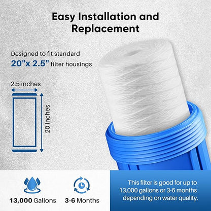 PUREPLUS 5 Micron 2.5" x 20" Whole House String Wound Sediment Filter for Well Water, Replacement Cartridge for Aqua Pure AP110-2C, Pentek P1-20/SP-P1-20/PX01-20, Watts FPMB5-20, WPP-F20-5, 6Pack