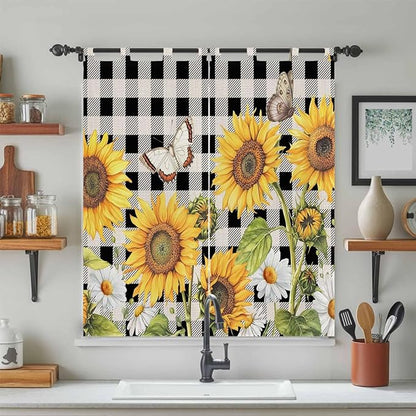 Sunflowers Bedroom Curtains 72 Inch Length, Window Curtains Tab Top, Yellow Flowers Butterfly Farmhouse Black Plaid Light Filtering Window Treatments Drapes 52"x72" 2 Panel
