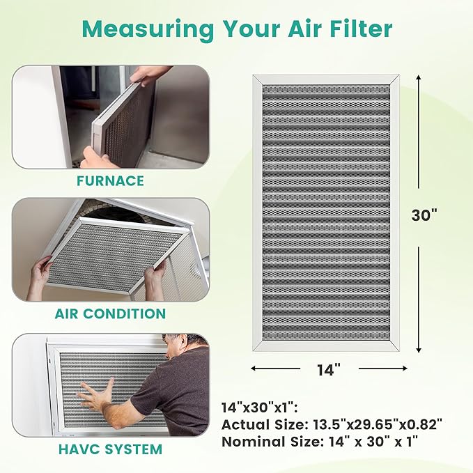 14x30x1 HVAC Furnace Air Filter, Washable Electrostatic Furnace Filter, MERV 8, Lasts a Lifetime, Breathe Fresher, Home And Office (Actual Size:13.5x29.65x0.82)