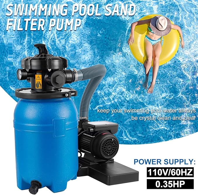 10'' Sand Pool Filter System 10000 Gallon Sand Filter with 1/3 HP Above Ground Swimming Pool Pump 6-Way Multi-Port Valve Pool Filter, Black & Blue