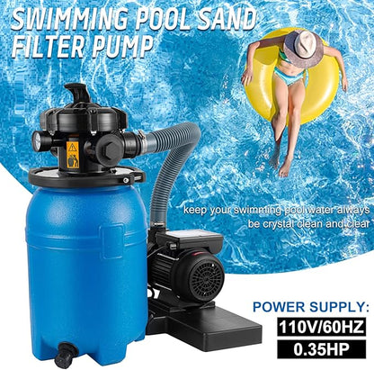 10'' Sand Pool Filter System 10000 Gallon Sand Filter with 1/3 HP Above Ground Swimming Pool Pump 6-Way Multi-Port Valve Pool Filter, Black & Blue