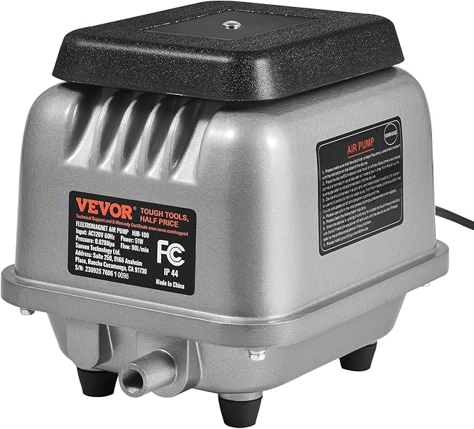 VEVOR Linear Air Pump, 90L/Min Air Flow Septic Aerator Pump, Aeration System for 1/4 Acre 10 FT Deep Ponds, Water Gardens, Waste Treatment, Septic Tanks, Aquariums, Seafood Restaurants, Fish Farms