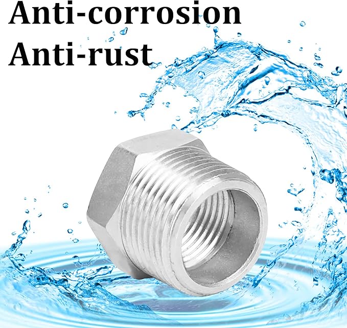 2 Pcs 304 Stainless Steel Reducer Hex Bushing, 1/2" Male NPT to 3/8" Female NPT Pipe Fitting Hex Bushing, Heavy Duty Pipe Fitting Reducer Adapter (1/2"MNPT - 3/8"FNPT)