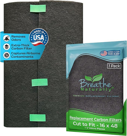 Breathe Naturally Universal Cut To Fit Carbon Activated Air Filter - Replacement Charcoal Filters - Pre Filter Carbon Sheet for Air Purifier, Vent Filters & More - Made in USA (Pack of 1, 16x48)