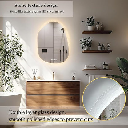 LUVODI Lighted LED Bathroom Mirror: 32”x24”Irregular Stone Pattern Frosted Wall Vanity Mirror with Bright Back Lit - Smart Dimmable Mirror Anti Fog with Touch Switch for Restroom Bedroom Living Room