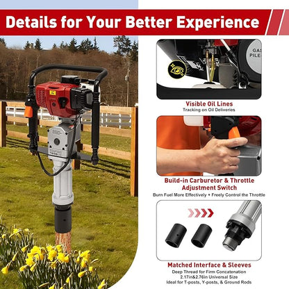 Gas Powered T-Post Driver, 1900W 52CC T Post Pounder Driver Heavy Duty Gasoline, 2-Stroke Fence Farm Push Pile Gasoline Engine Kit for Fence Post Construction Site