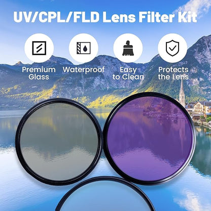 Universal 82mm 3 Piece Lens Filter Kit with Storage Case, Multi-Coated Optical Glass UV Protection Filter + CPL Polarizer + FLD Fluorescent Filters Set with Aluminum Alloy Frame