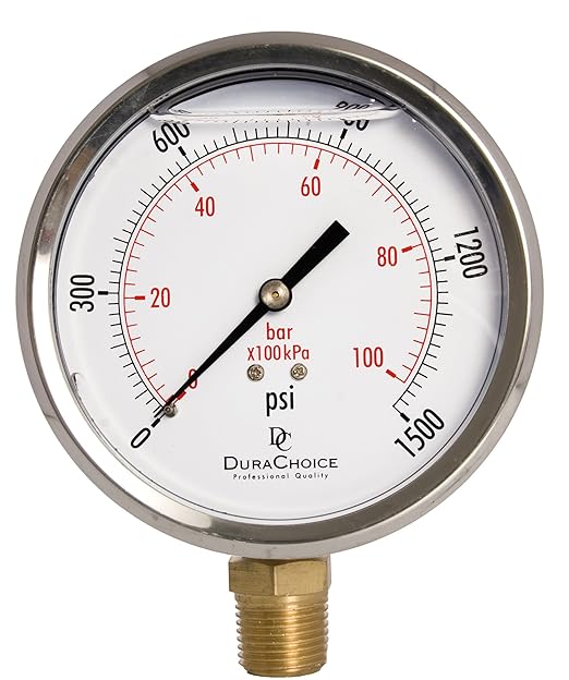 4" Oil Filled Pressure Gauge - Stainless Steel Case, Brass, 1/2" NPT, Lower Mount Connection, 0-1500PSI