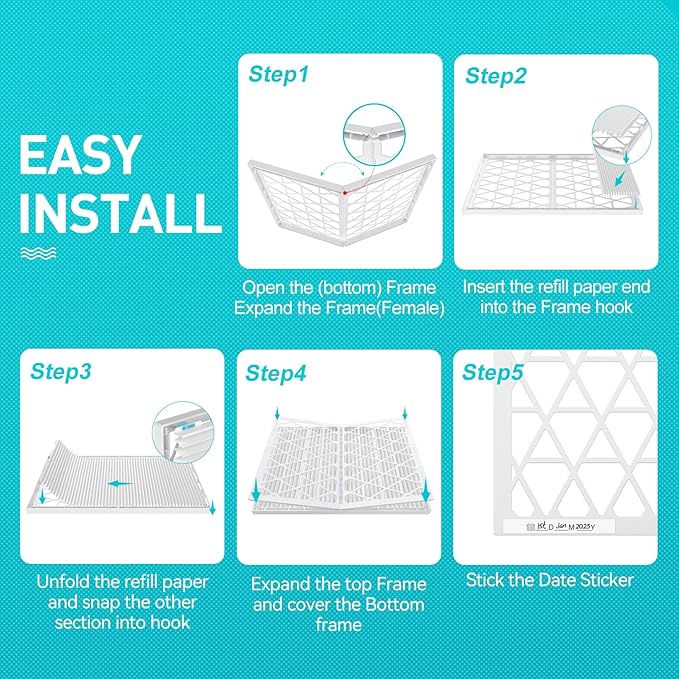 14x20x1 Refillable Air Filter Kit, MERV 8, 1 Reusable Foldable Frame ＆ 6 Refills, Fits Most AC HVAC Furnace Devices, Actual Size 13.75x19.75x0.75in
