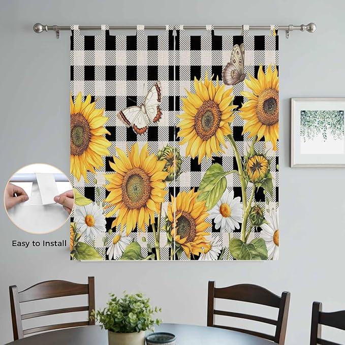 Sunflowers Bathroom Curtains 63 Inch Length, Window Curtains Tab Top, Yellow Flowers Butterfly Farmhouse Black Plaid Light Filtering Window Treatments Drapes 52"x63" 2 Panel