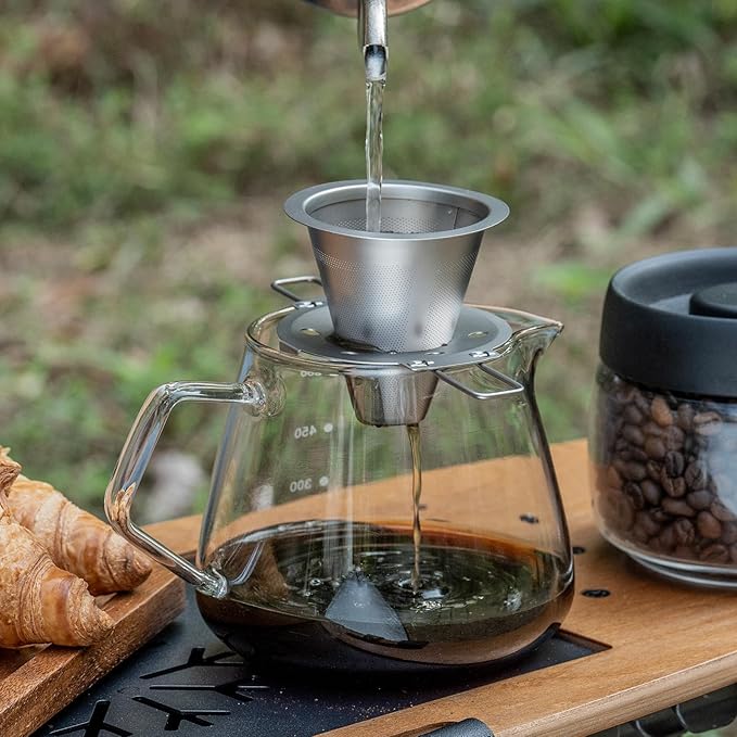 iBasingo Titanium Coffee Filter Pour Over Coffee Dripper with Foldable Holder Metal Cone Filter Paperless Reusable Portable for Home, Work, Outdoor Travel, Camping Ti6004P