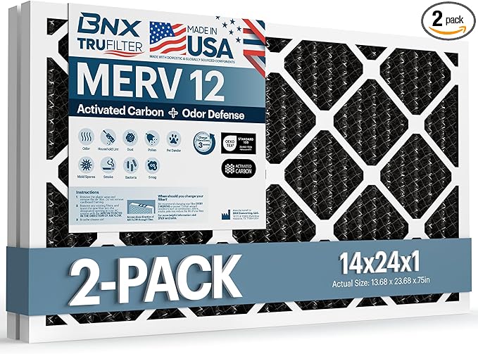 BNX TruFilter 14x24x1 MERV 12 Odor Defense (2-Pack) AC Furnace Air Filter with Activated Carbon - MADE IN USA - Pleated Air Conditioner HVAC AC Furnace Filters - Removes Odor, Mold, Bacteria, Smoke