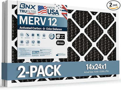 BNX TruFilter 14x24x1 MERV 12 Odor Defense (2-Pack) AC Furnace Air Filter with Activated Carbon - MADE IN USA - Pleated Air Conditioner HVAC AC Furnace Filters - Removes Odor, Mold, Bacteria, Smoke