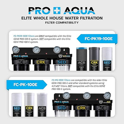 PRO+AQUA Elite Series GEN2 PRO-100-E 3-Stage Whole House Water Filtration System for City & Well Water with Pressure Gauges | Removes 99% of Chlorine, VOCs, Odors & Contaminants with Extra Filter Set