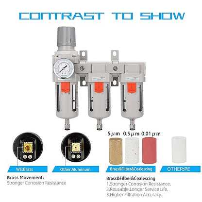 NANPU Three Stage Air Drying System - 5 Micron Particulate Filter, 0.5＆0.01 Micron Coalescing Filters, Air Pressure Regulator Combo - 0-150 psi Gauge, Semi-Auto Drain, Metal Bracket (1/2" NPT)