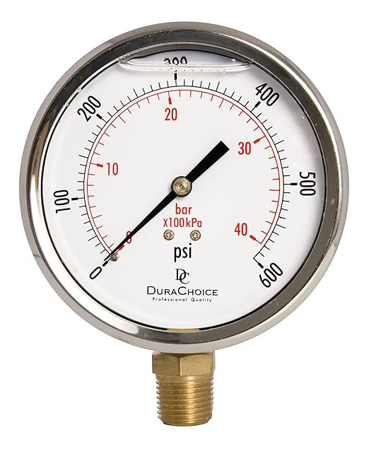 4" Oil Filled Pressure Gauge - Stainless Steel Case, Brass, 1/2" NPT, Lower Mount Connection, 0-600PSI