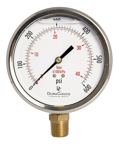 4" Oil Filled Pressure Gauge - Stainless Steel Case, Brass, 1/2" NPT, Lower Mount Connection, 0-600PSI