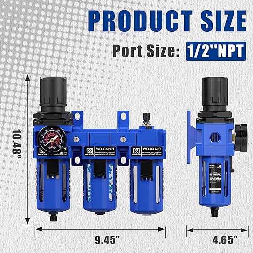 NEWPO 1/2'' NPT Compressed Air Filter Regulator Lubricator Combo with Pressure Gauge,Brass Filter and Desiccant Dryers,Semi-Auto Drain, Metal Bracket-Blue