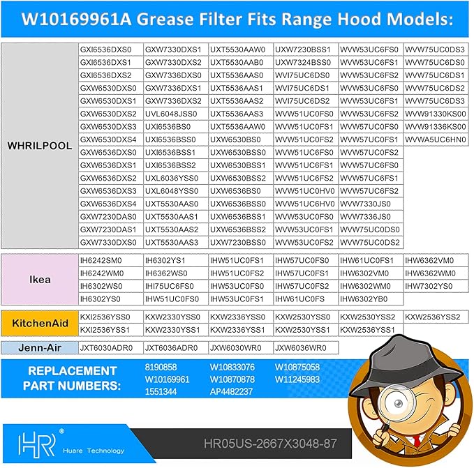 W10169961A Range Hood Filter Replacement, Fits Whirlpool, Ikea, Kitchen Aid, Jenn Air, 5-Layer Aluminum Mesh Hood Grease Filter 10.5x12 Inch, Aluminum Range Hood Vent Filters, 2PCS