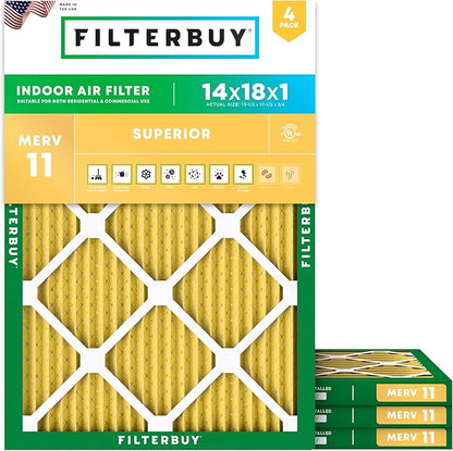 Filterbuy 14x18x1 Air Filter MERV 11 Superior Pet & Allergy Defense (4-Pack), Electrostatic Pleated HVAC AC Furnace Filters Replacement, Made in USA (Actual Size: 13.50 x 17.50 x 0.75)