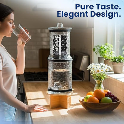 The Water Machine All Glass Purifier - Gravity Fed Water Filtration System with Activated Carbon Filters, Off Grid Emergency & Home Survival Portable Countertop Filter with Wooden Stand - 3 Gallon