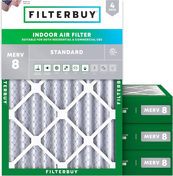 Filterbuy 18x20x4 Air Filter MERV 8 Essential Dust & Allergy Defense (4-Pack), Electrostatic Pleated HVAC AC Furnace Filters Replacement, Made in USA (Actual Size: 17.50 x 19.50 x 3.63)