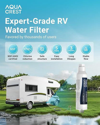 AQUA CREST RV Water Filter, RV Inline Water Filter with NSF Certified, Reduces Chlorine, Bad Taste and Odor, Ideal for Garden and Camper (Filter 4 Pack with Hose Protector)