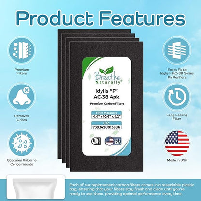 Breathe Naturally - Carbon Filters Compatible with Idylis F AC-38 Series Air Purifiers - Made for Idylis F AC-38/560885 Series - Made in USA - Odor Control for Air Purifiers(4 Pack Carbon Filter)