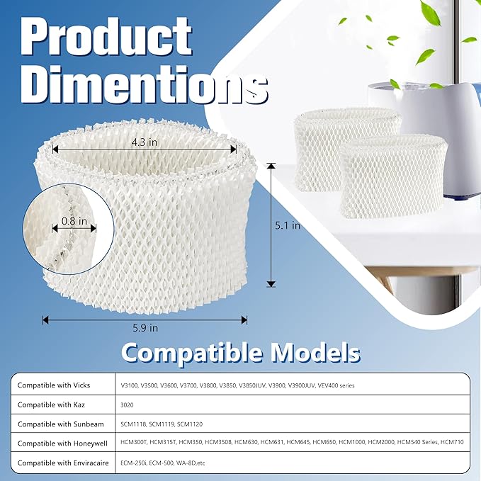 Funmit WF2 Humidifier Filter Replacement for Vicks Kaz Humidifier Starry Night Cool Mist V3500N V3700 V3100 V3900 Sunbeam 1118 1119 Honeywell HCM-300T HCM-350 WA-8D Enviracaire ECM-500 2 Pack