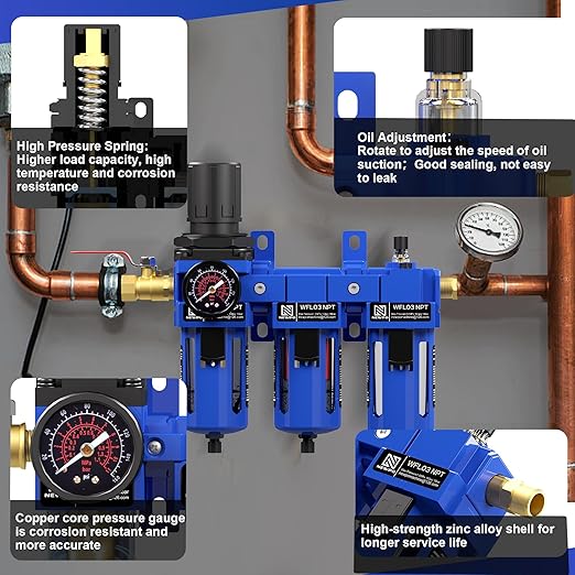 NEWPO 3/8'' NPT Compressed Air Filter Regulator Lubricator Combo Water/Oil Trap Separator with Pressure Gauge,Brass Filter and Coalescing Filter,Semi-Auto Drain, Metal Bracket-Blue
