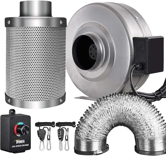 iPower GLFANXINL4FILT4MD8CTR 4 Inch 190 CFM Inline Fan Carbon Filter 8 Feet Ducting Combo with Variable Speed Controller and Rope Hanger for Grow Tent Ventilation, 4" Fan & Filter, Grey