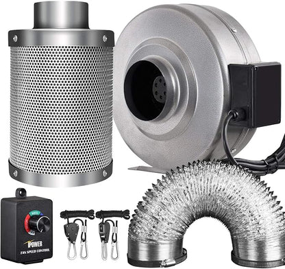 iPower GLFANXINL4FILT4MD8CTR 4 Inch 190 CFM Inline Fan Carbon Filter 8 Feet Ducting Combo with Variable Speed Controller and Rope Hanger for Grow Tent Ventilation, 4" Fan & Filter, Grey