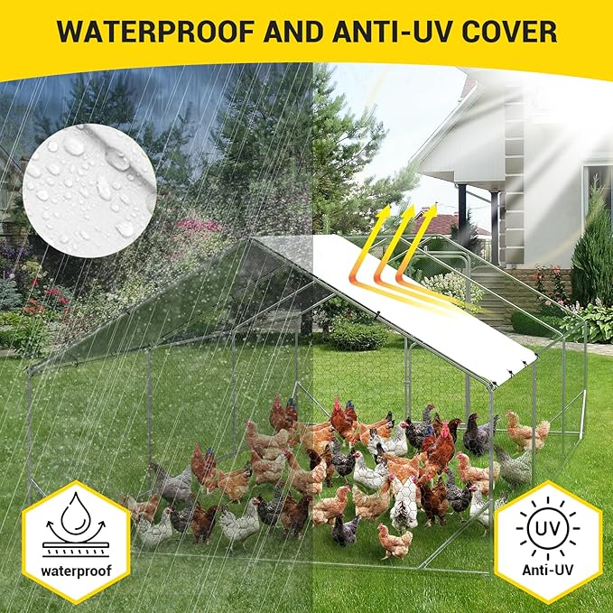 9.8X19.7x6.6FT, Large Walk in Chicken Run Pen Cage, Metal Coop Clearance with Double Door, Chicken Runs for Yard with Cover, Outdoor Cages for Chickens and Range Poultry, Large Chicken Coops