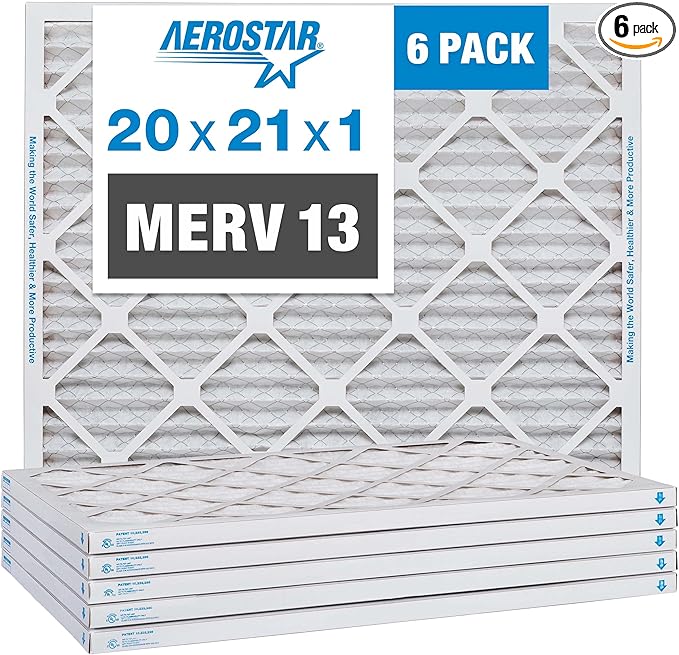 Aerostar 20x21x1 MERV 13 Pleated Air Filter, AC Furnace Air Filter, 6 Pack (Actual Size: 19 7/8" x 20 7/8" x 3/4")
