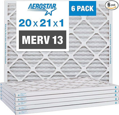 Aerostar 20x21x1 MERV 13 Pleated Air Filter, AC Furnace Air Filter, 6 Pack (Actual Size: 19 7/8" x 20 7/8" x 3/4")