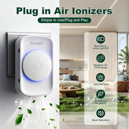 Air Ionizer for Home(6 pack), Ionic Air Purifier Plug in with 6 Carbon Fiber Tips, Ultra Quiet Portable Air Cleaner for Kitchen Bedroom Office Bathroom,Energy Efficient with Blue/Warm White Mood Light
