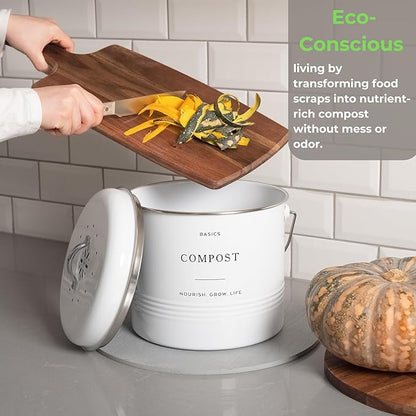 D'Lifeful Kitchen Compost Bin – 1.3 Gallon Countertop Farmhouse Compost Container with Lid – Odorless Indoor Food Scrap Pail with 6 Charcoal Filters – Eco-Conscious and Easy to Clean - White
