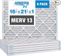 Aerostar 16 1/4x21 1/2x1 MERV 13 Pleated Air Filter, AC Furnace Air Filter, 6 Pack (Actual Size: 16 3/8" x 21 1/2" x 3/4")