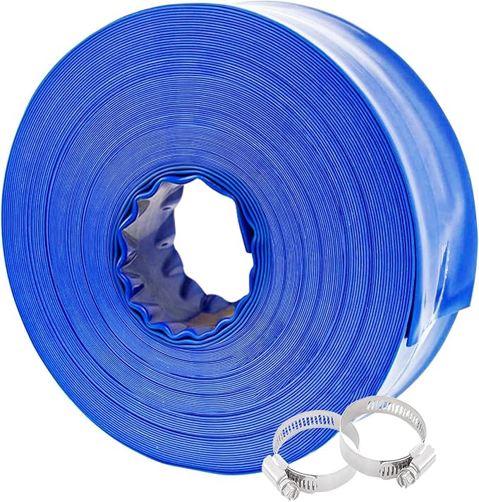Poolvio 1-1/2" x 100' Professional Blue Backwash Hose with Clamps, General Purpose Reinforced PVC Lay-Flat Water Discharge Hose,for Use While Back-Washing Filters and Draining Pools