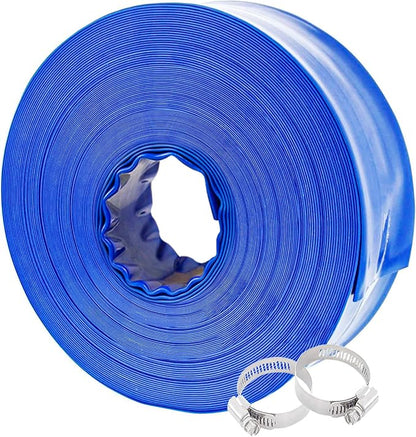 Poolvio 1-1/2" x 100' Professional Blue Backwash Hose with Clamps, General Purpose Reinforced PVC Lay-Flat Water Discharge Hose,for Use While Back-Washing Filters and Draining Pools