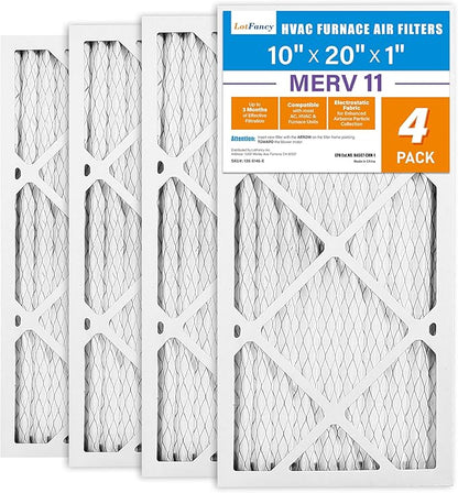 LotFancy 10x20x1 Air Filter MERV 11 4-Pack, Electrostatic Pleated AC Furnace Air Filter, Captures Dust, Smog & Pet Dander, Actual Size: 9.75"x19.75"x0.75"
